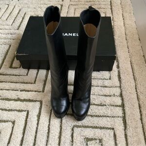 CHANEL Black Leather Tall Boots